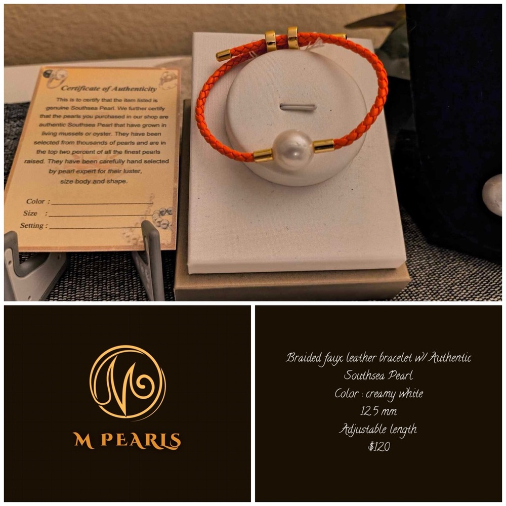Pearl Braided Leather Bracelet with Southsea Pearl - Orange